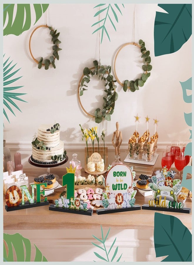 Riyiper 4 Pcs Safari Wild One Birthday Decorations Jungle Animals Party Supplies for Baby Shower Boy Girl First Birthday Table Decor Wooden Letter Desk Sign Centerpieces for Gender Reveal Sage Party - Image 5